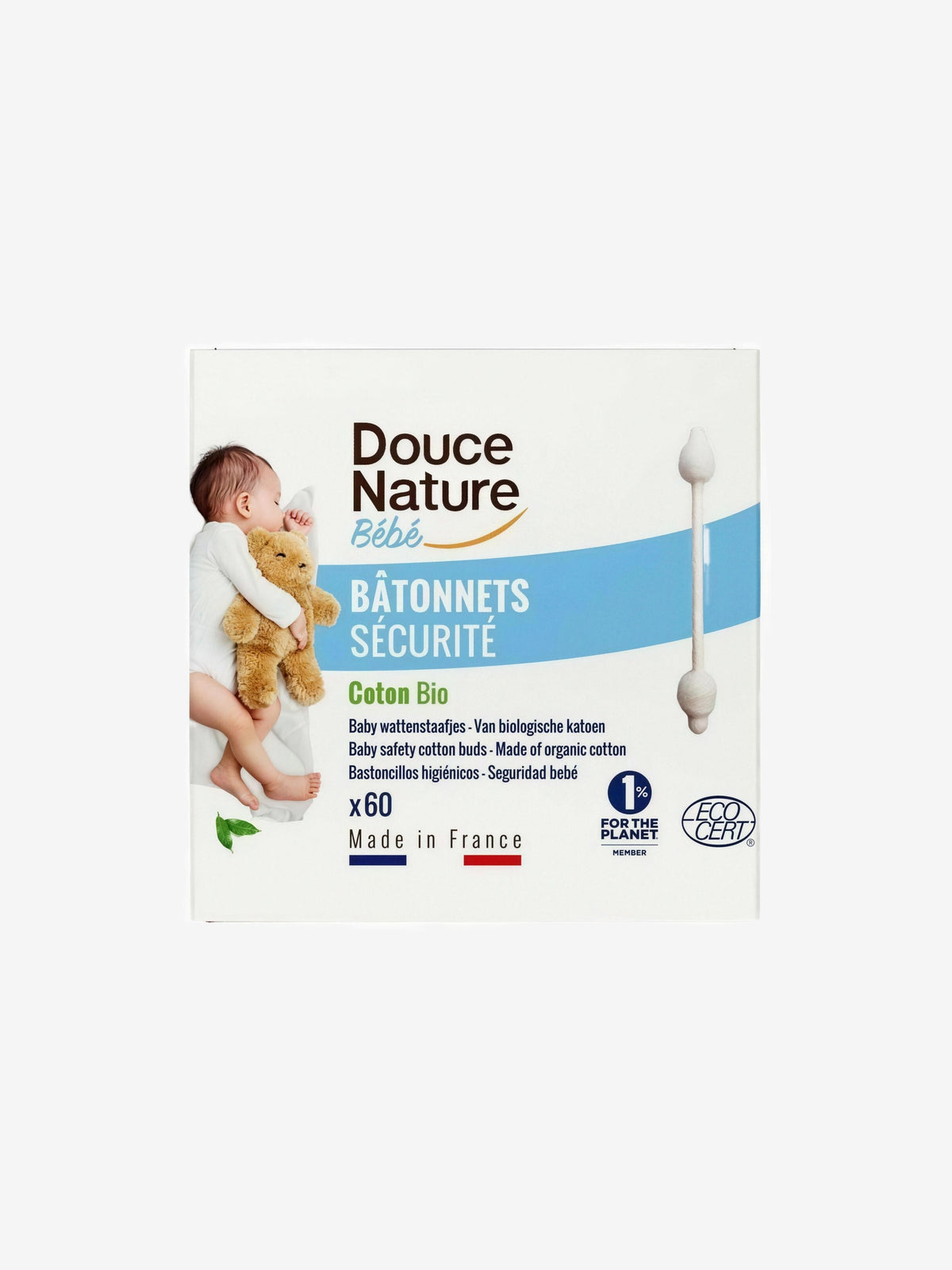 60 Bâtonnets d'oreilles sécurité bébé coton bio Douce Nature - Herboristerie de Paris