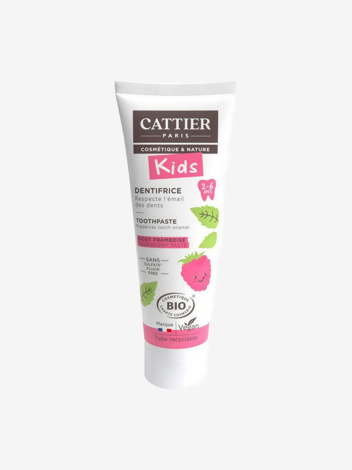 Dentifrice enfants 2 à 6 ans sans fluor goût framboise 50ml Cattier - Herboristerie de Paris