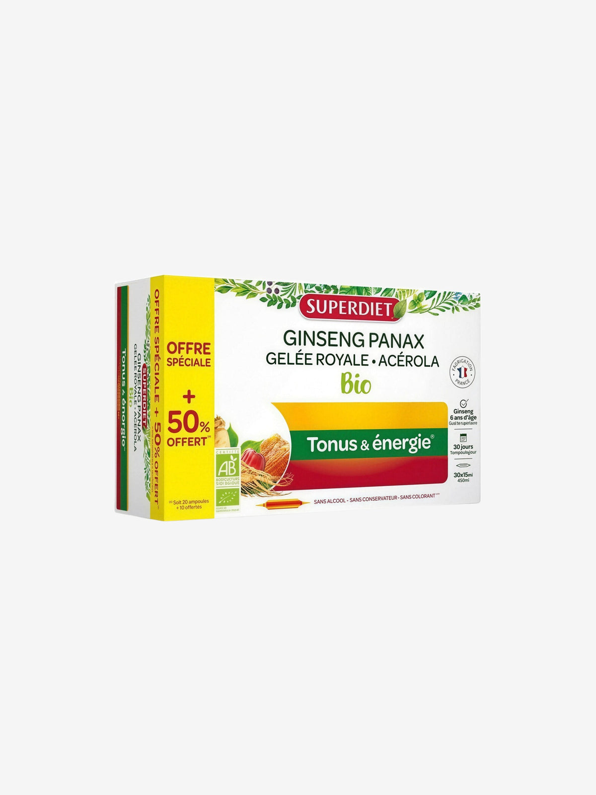 Ginseng Gelee Royale Acerola bio 20 ampoules et 10 offertes Super Diet - Herboristerie de Paris