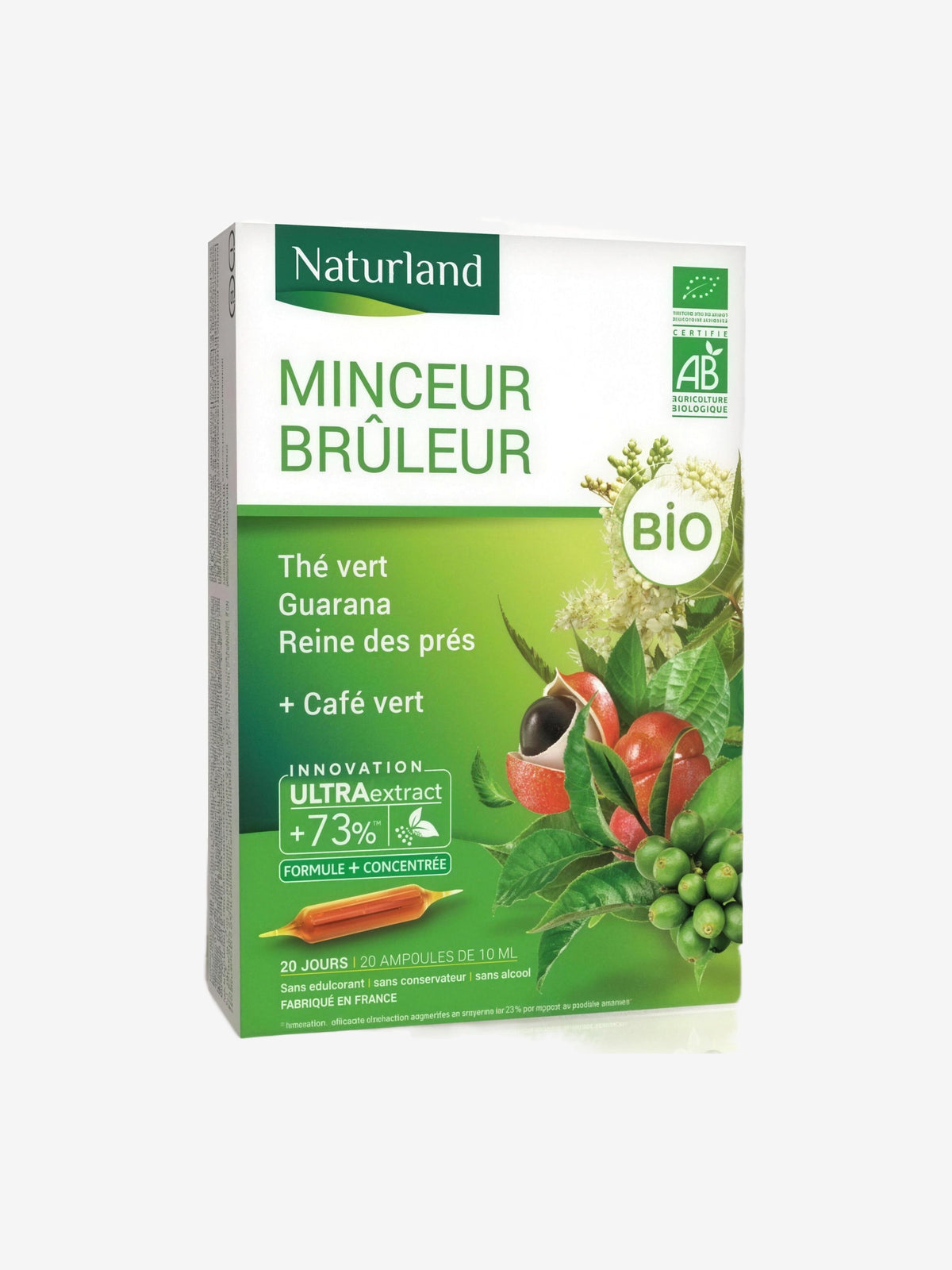 Minceur brûleur Thé Vert Café Vert guarana Reine des prés Bio 20 ampoules Naturland - Herboristerie de Paris
