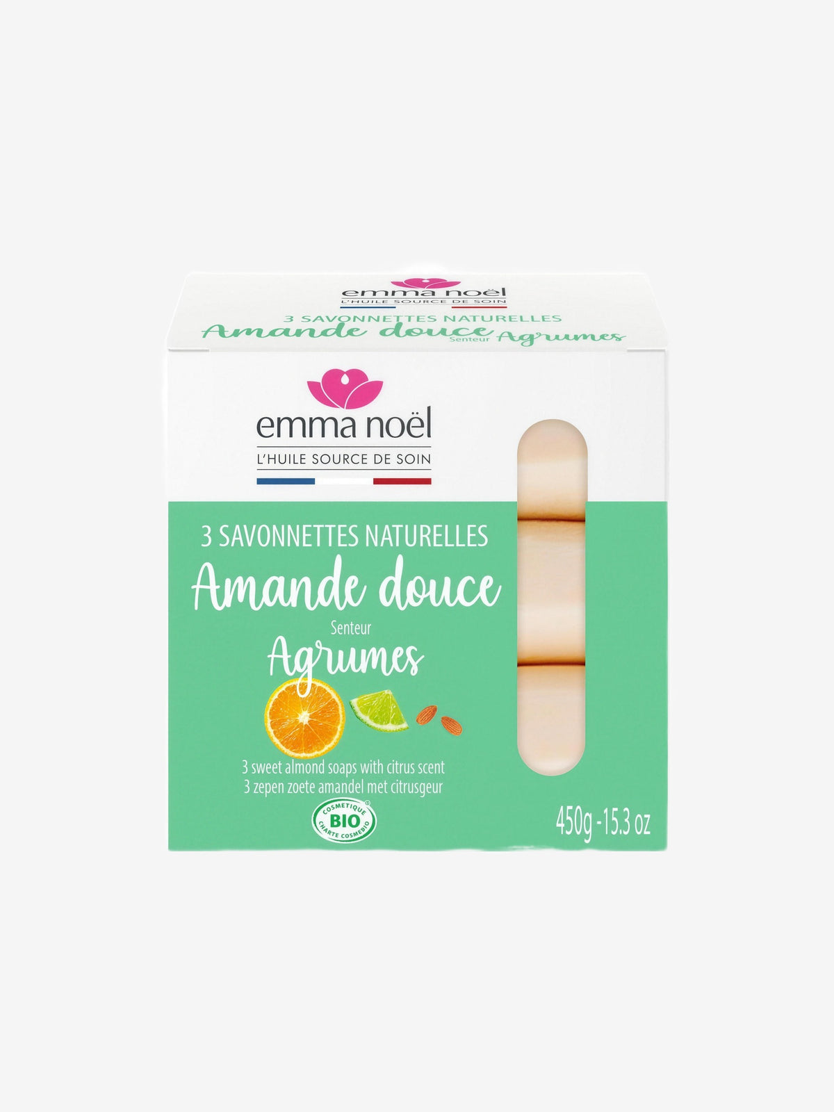 Pack 3 savonettes Amande Douce bio senteur Agrumes Emma Noel - Herboristerie de Paris