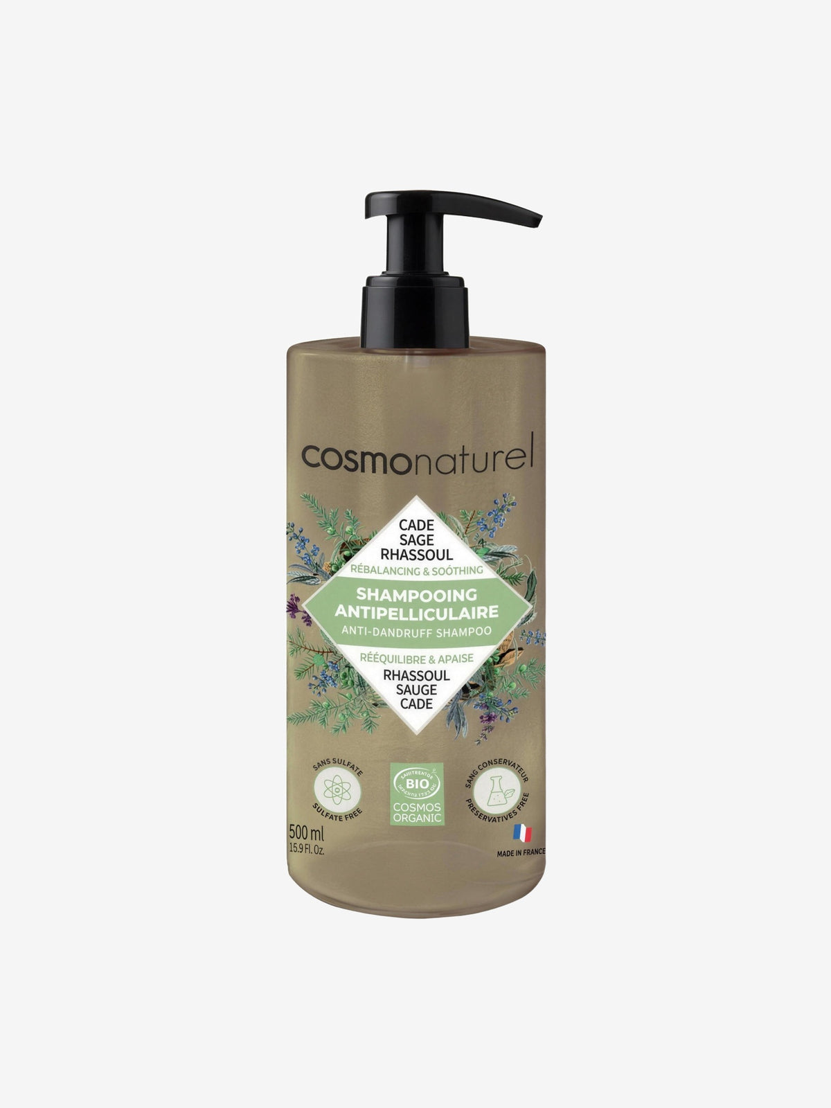 Shampooing anti-pelliculaire Bio Cade Sauge Rhassoul 500ml Cosmo Naturel - Herboristerie de Paris