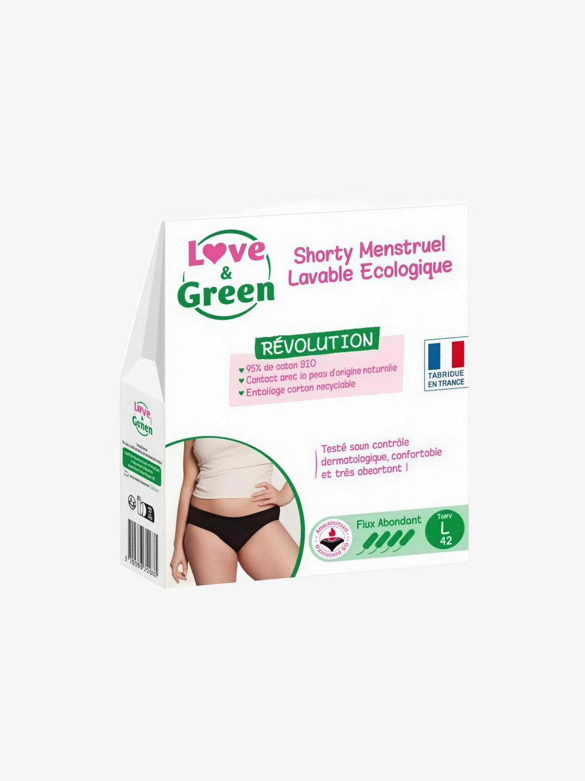 Shorty Menstruel Lavable Ecologique Taille 42 Flux abondant Love and Green - Herboristerie de Paris