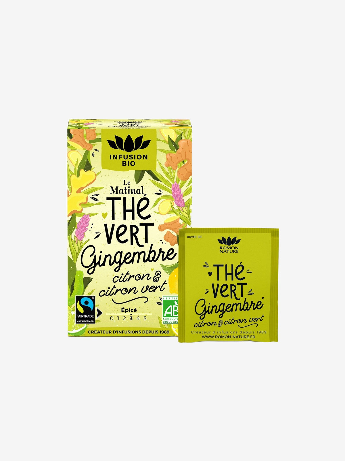 Thé vert le matinal Gingembre bio Citron bio Citron vert bio 16 sachets Romon Nature - Herboristerie de Paris