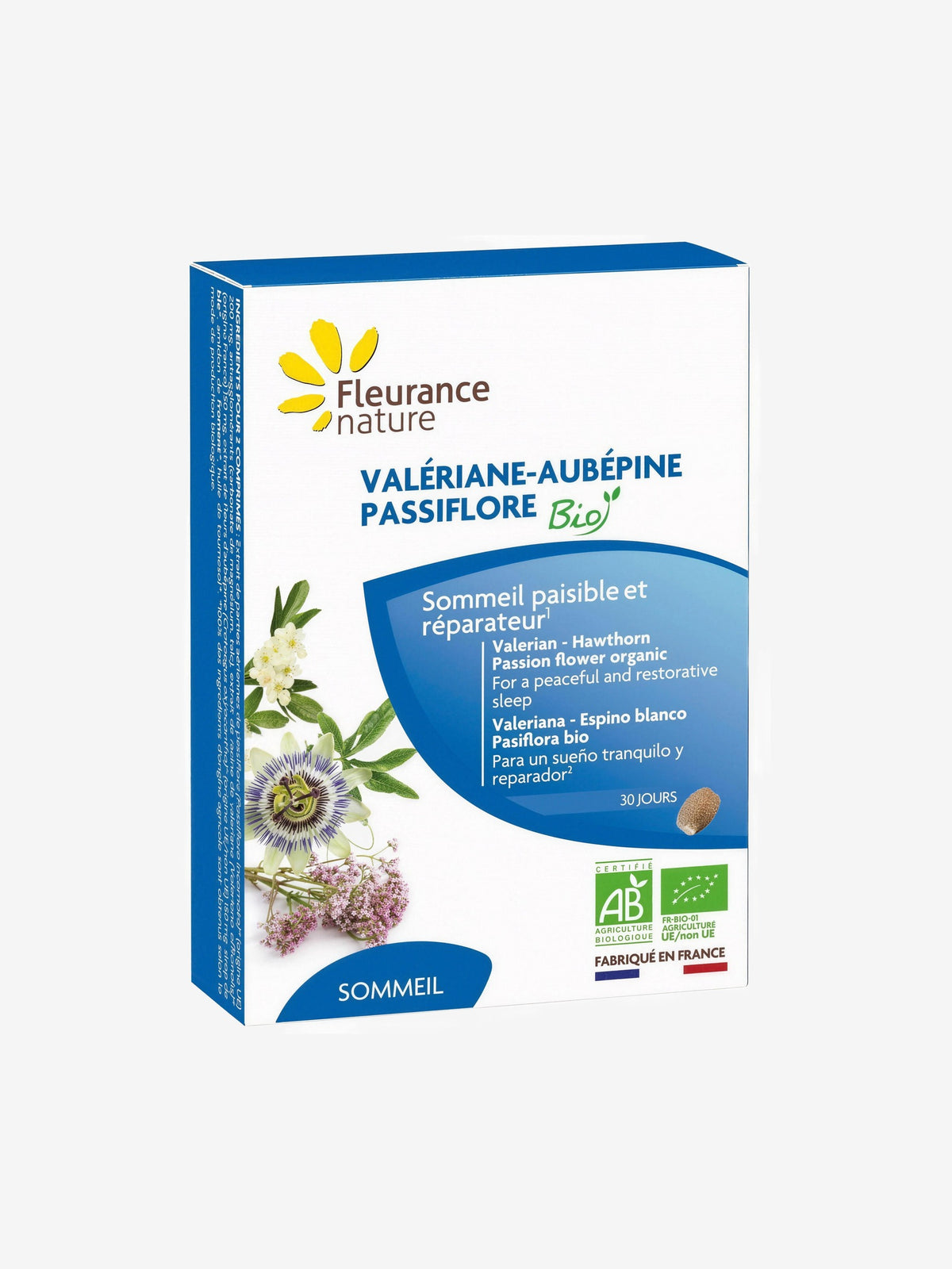Valériane Aubépine Passiflore Bio 60 comprimés Fleurance Nature - Herboristerie de Paris