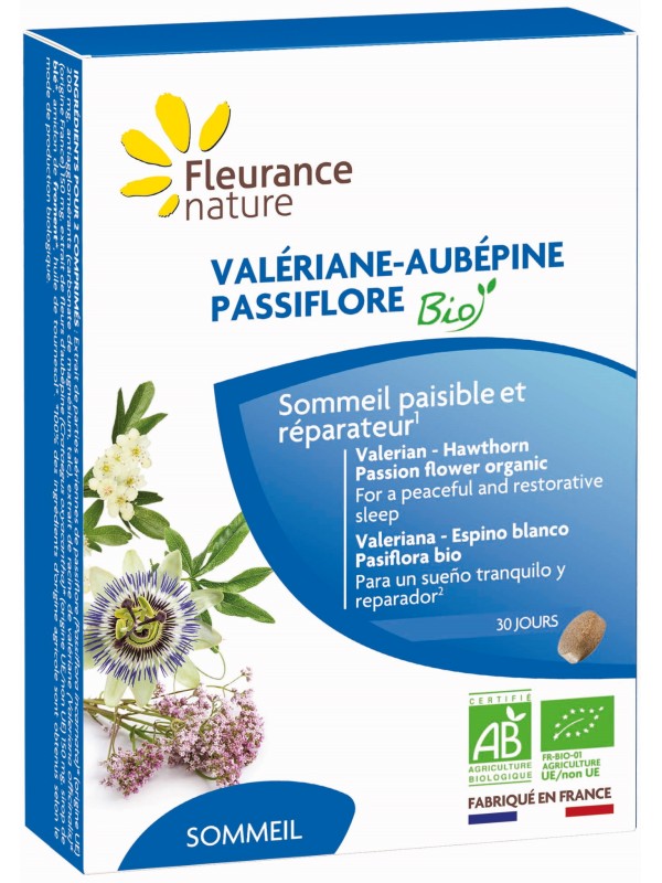 Valériane Aubépine Passiflore Bio 60 comprimés Fleurance Nature Herboristerie de Paris sommeil relaxation