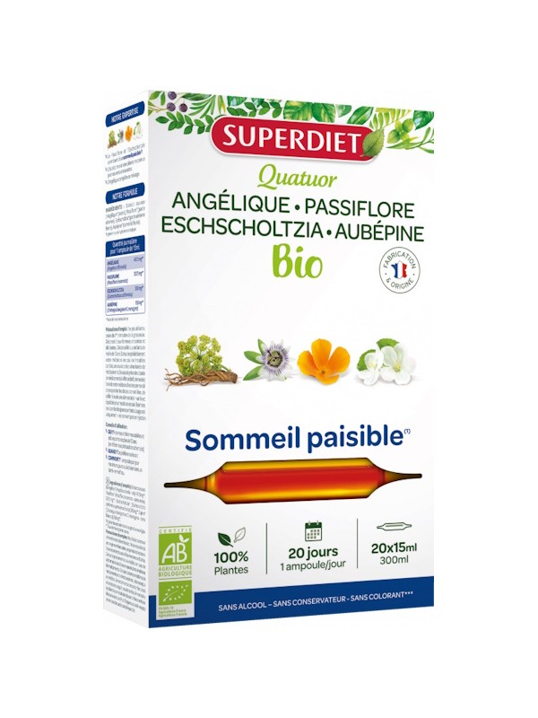 Quatuor Angélique Passiflore Escholtzia Aubépine 20 ampoules de 15ml Super Diet Herboristerie de Paris sommeil paisible
