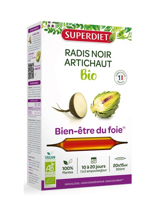 Radis noir Artichaut Bio 20 ampoules de 15ml Super Diet digestion Herboristerie de paris