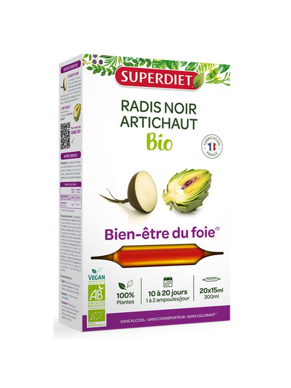 Radis noir Artichaut Bio 20 ampoules de 15ml Super Diet digestion Herboristerie de paris