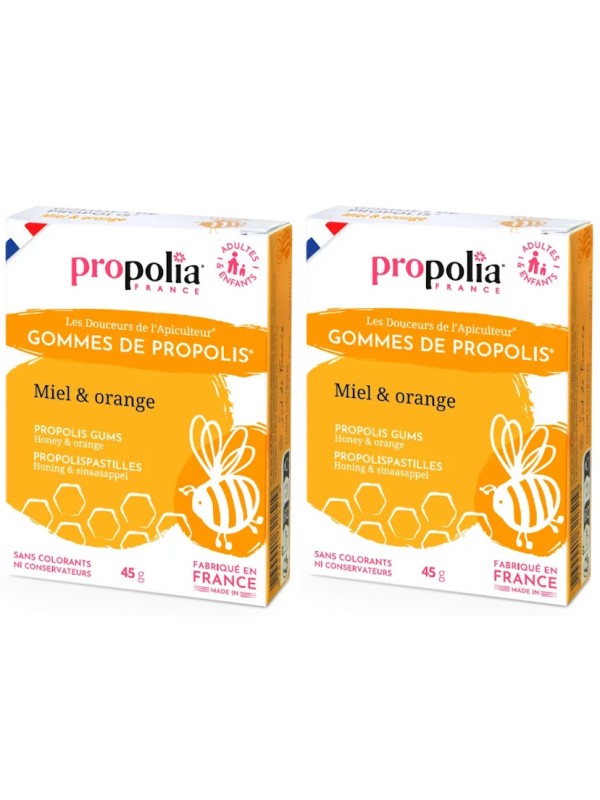 Gommes de Propolis Miel et Orange Lot de 2 boîtes de 45g Propolia Herboristerie de Paris
