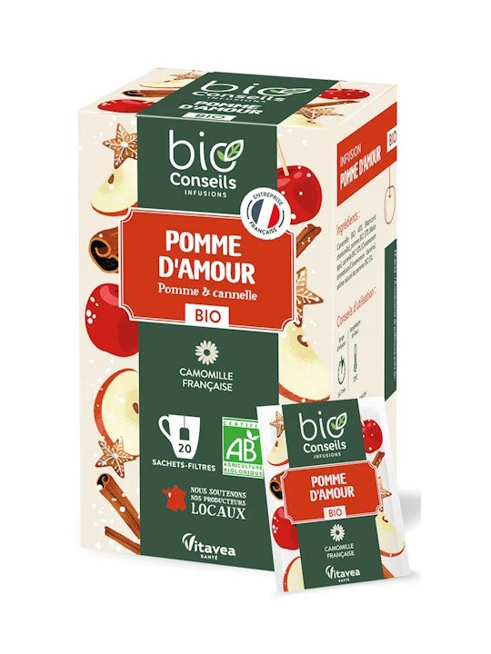 Infusion Pomme d'Amour Bio camomille matricaire 20 sachets Bio Conseils camomille cannelle pomme Herboristerie de paris