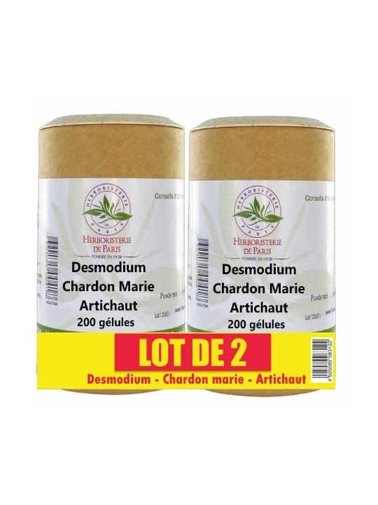 Lot de 2 Desmodium Chardon marie Curcuma Artichaut 2x200 gélules Herboristerie de Paris santé hépatique 400 gélules