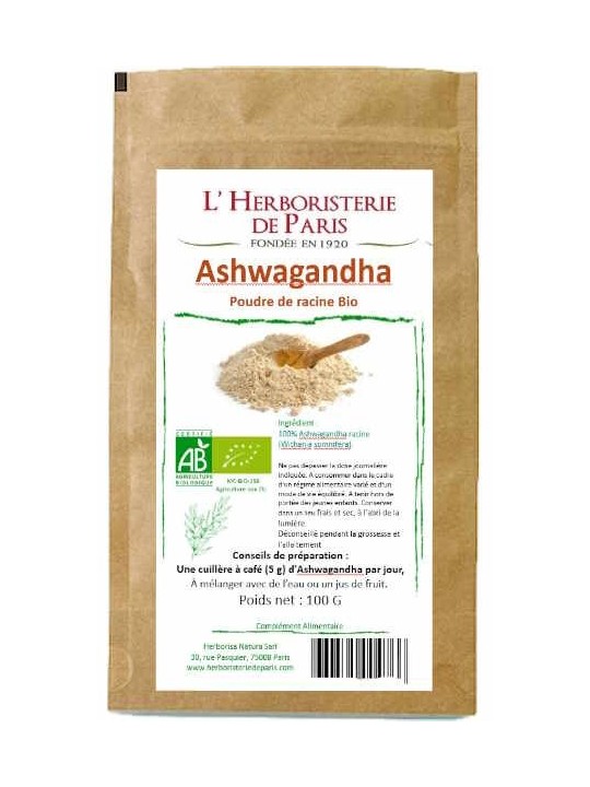 Ashwagandha bio poudre de racine 100gr Herboristerie de Paris aide anti stress et aide le sommeil en Ayurvéda