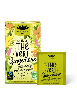 Thé vert le matinal Gingembre bio Citron bio Citron vert bio 16 sachets Romon Nature
