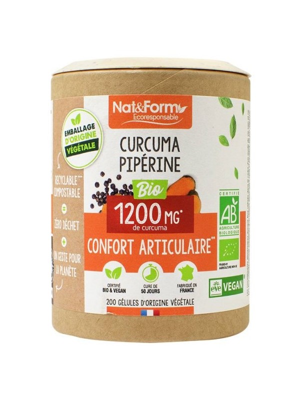 Curcuma + Pipérine Bio 200 gélules Nat et Form articulations Herboristerie de paris