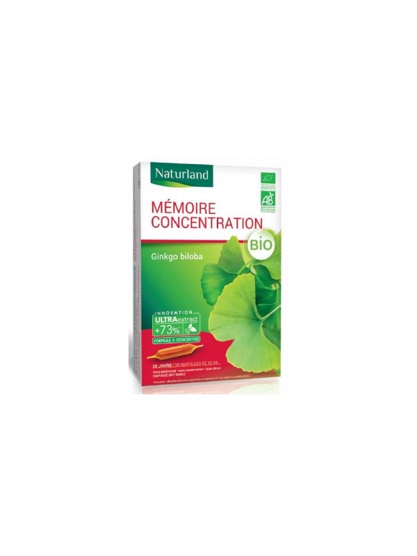 Ginkgo Biloba Bio 20 ampoules de 10ml Naturland mémoire et concentration Herboristerie de paris