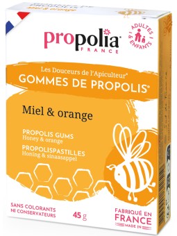 Gommes de Propolis Miel Orange sachet de 45g sous étui Propolia Herboristerie de paris