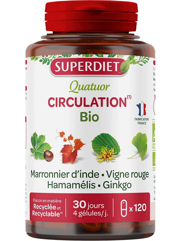 Quatuor Circulation Vigne Rouge Marronnier Hamamélis Ginkgo 120 gélules Super Diet Herboristerie de paris