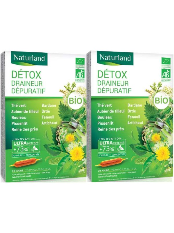 Detox Bio (association de 9 plantes) Lot de 2 boîtes 20 ampoules Naturland draineur bio Herboristerie de paris
