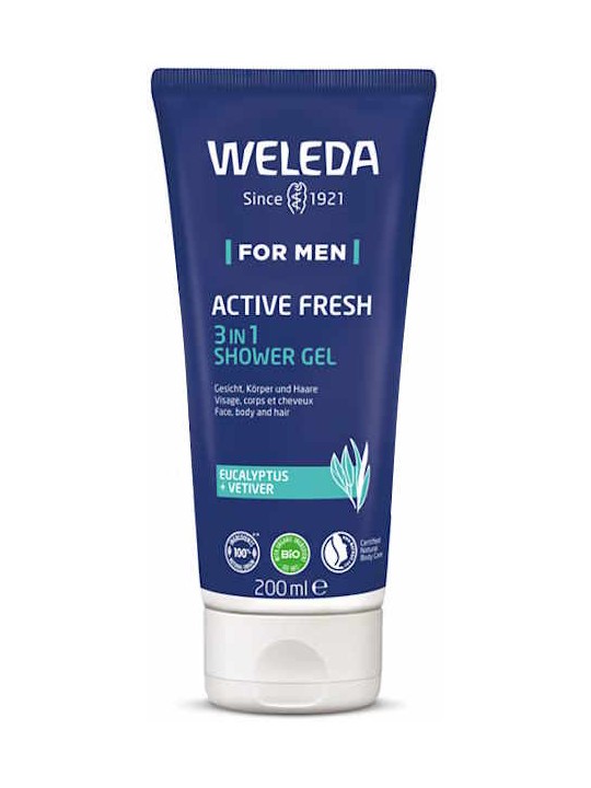 gel douche 3 en 1 Active Fresh 200ml pour homme énergisant  Weleda gel douche bio Herboristerie de paris