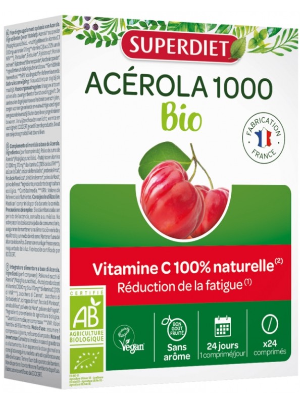 Acerola 1000 Bio 24 comprimes Super Diet  vitamine C Herboristerie de paris