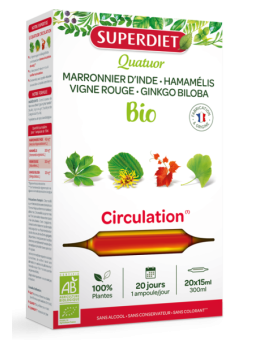 Quatuor Marronnier d'Inde Hamamélis Bio Vigne rouge Ginkgo Circulation 20 ampoules Super Diet Herboristerie de paris