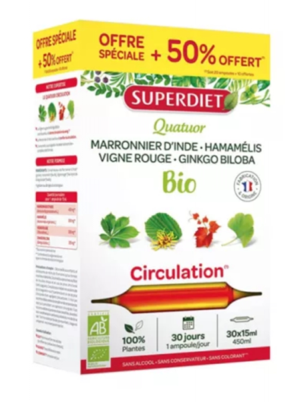 Quatuor Circulation bio - 20 ampoules 15ml plus 10 offertes Super Diet 4 plantes Herboristerie de paris