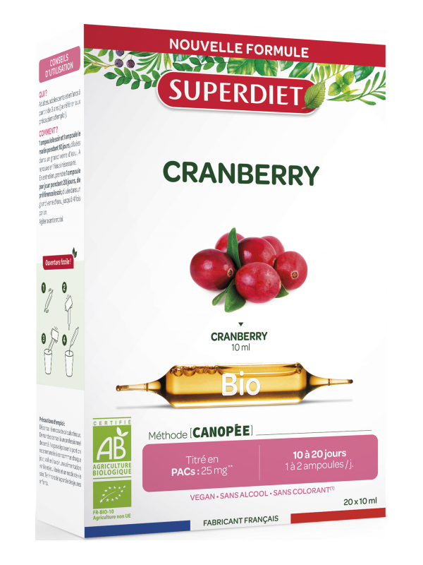 Cranberry Canneberge bio 20 ampoules Super Diet Vaccinium macrocarpon  Herboristerie de paris