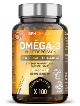 Omega 3 100 capsules de 505mg GPH Diffusion 750mg d'Oméga 3, dont 495 mg EPA et 330 mg DHA Herboristerie de paris