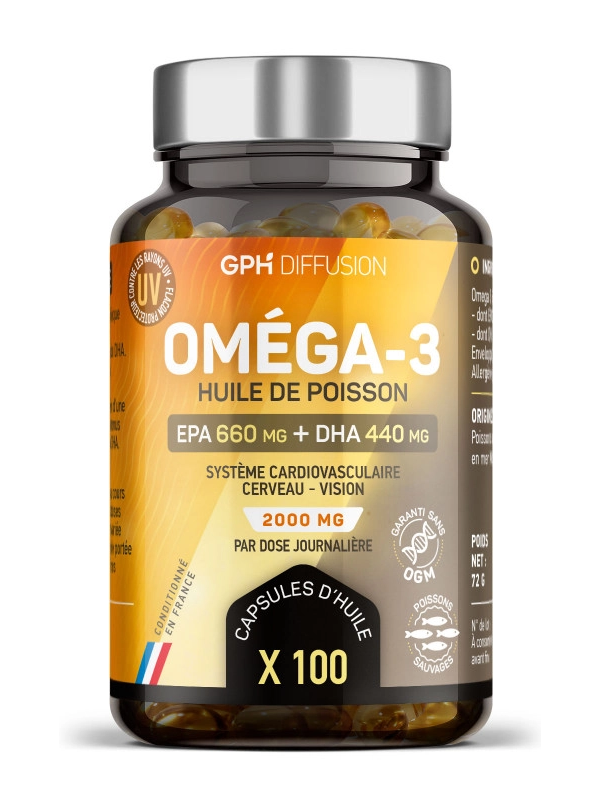 Omega 3 100 capsules de 505mg GPH Diffusion 750mg d'Oméga 3, dont 495 mg EPA et 330 mg DHA Herboristerie de paris