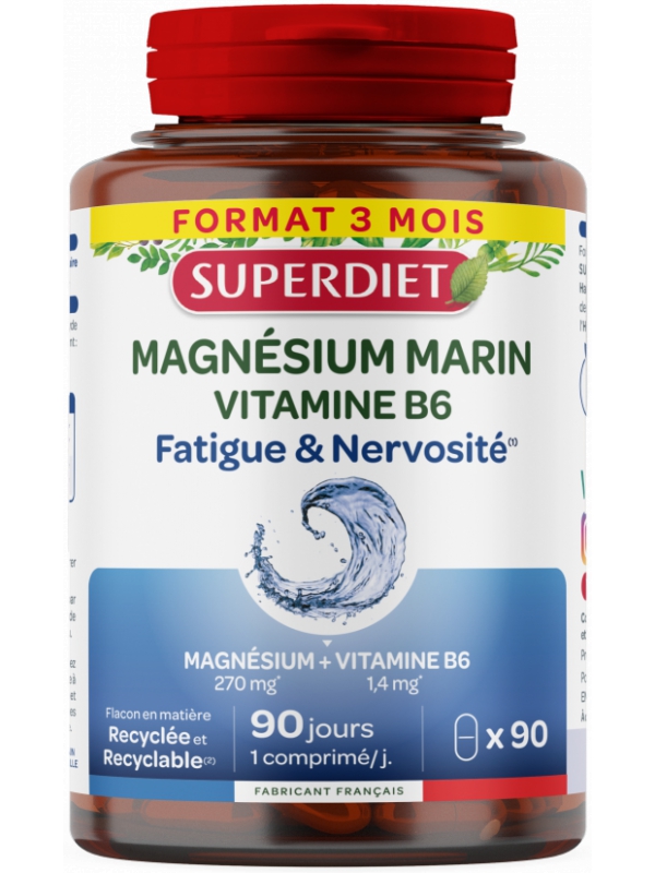 Magnesium marin Vitamine B6 90 comprimés Super Diet fatigue  et nervosité Herboristerie de paris