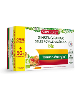 Ginseng Gelee Royale Acerola bio 20 ampoules et 10 offertes Super Diet stress fatigue Herboristerie de paris