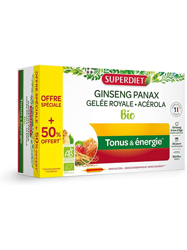 Ginseng Gelee Royale Acerola bio 20 ampoules et 10 offertes Super Diet stress fatigue Herboristerie de paris