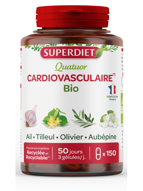 Quatuor cardiovasculaire Bio Ail Tilleul Olivier Aubépine 150 gélules Super Diet Herboristerie de paris