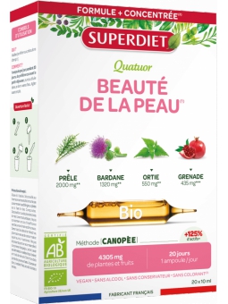 Quatuor Bardane Pissenlit Ortie Carotte bio 20 ampoules Super Diet beauté de la peau Herboristerie de paris