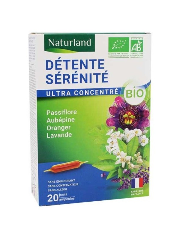 Sommeil Relaxation Passiflore Aubépine Oranger Lavande Bio 20 ampoules de 10ml Naturland Herboristerie de paris
