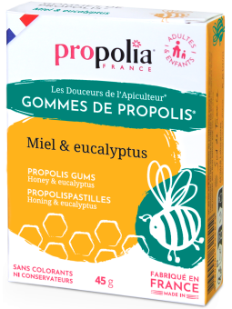 Gommes de Propolis Miel Eucalyptus Sachet de 45g sous étui Propolia haleine fraiche Herboristerie de paris