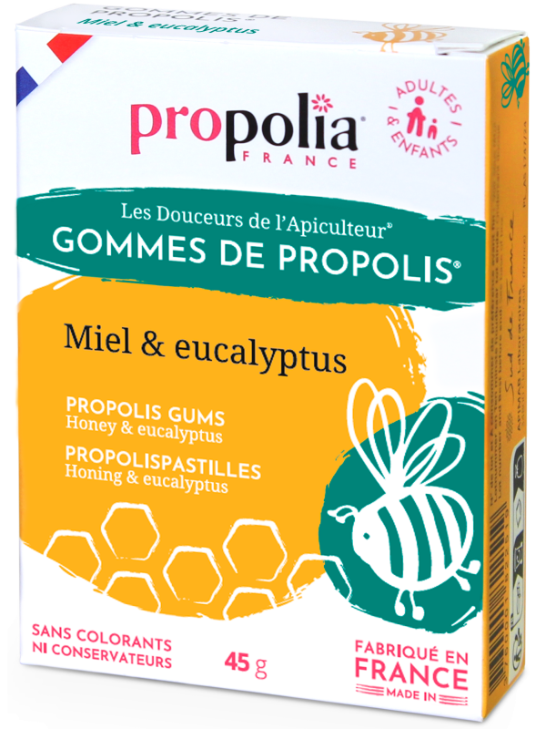 Gommes de Propolis Miel Eucalyptus Sachet de 45g sous étui Propolia haleine fraiche Herboristerie de paris