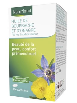 Huiles de Bourrache /Onagre 200 capsules Naturland acides gras essentiels Herboristerie de paris