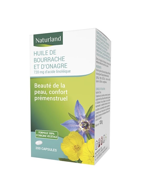 Huiles de Bourrache /Onagre 200 capsules Naturland acides gras essentiels Herboristerie de paris