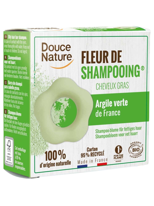 Fleur de Shampooing solide cheveux gras Ortie Karité Argile verte 85gr Douce Nature