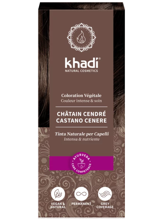 Coloration végétale Chatain cendré 100g Khadi marron cendré reflets mats Herboristerie de paris
