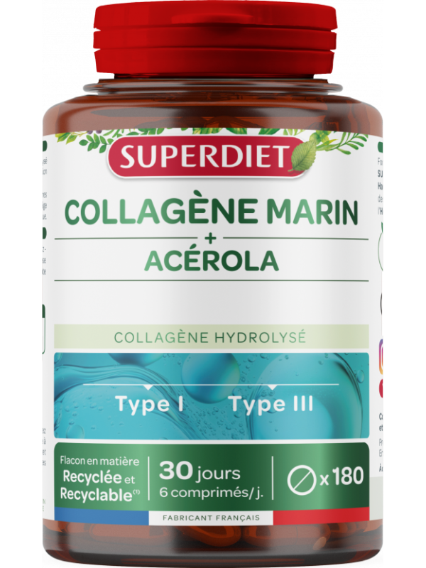 Collagène marin et Acérola 180 comprimés 480mg Super Diet vitamine C Herboristerie de paris