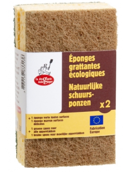 Droguerie Ecologique 1 éponge verte + 1 éponge marron à récurer en matières recyclées Herboristerie de paris