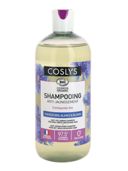 Shampooing anti jaunissement cheveux gris blancs et blonds Coslys extrait de centaurée Herboristerie de paris