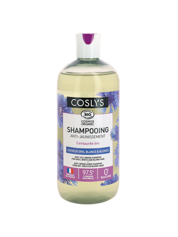 Shampooing anti jaunissement cheveux gris blancs et blonds Coslys extrait de centaurée Herboristerie de paris