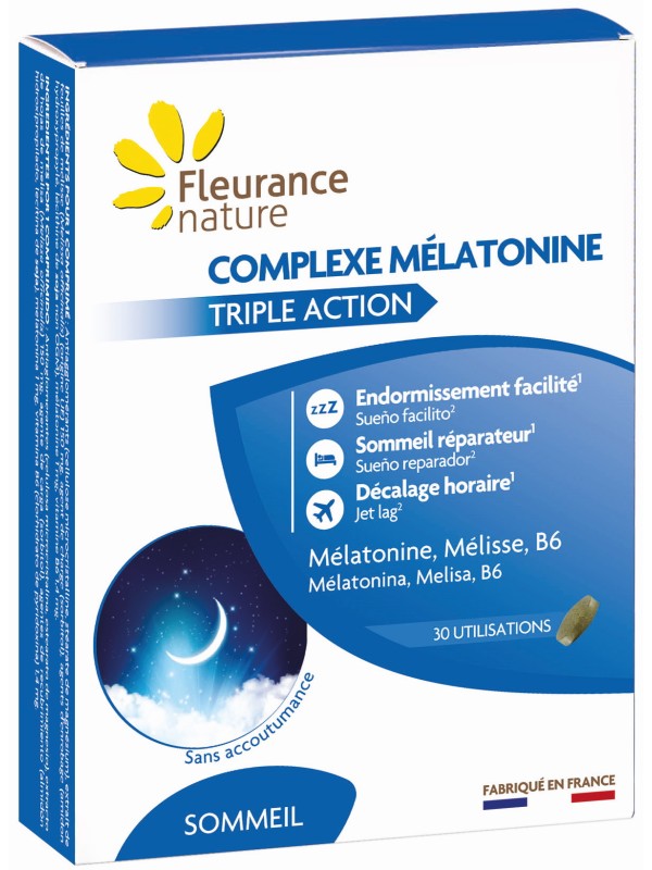 Complexe mélatonine 30 comprimés Fleurance Nature endormissement et décalage horaire Herboristerie de paris