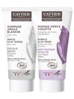 Lot Anti fatigue gommage et masque argile violette tous types de peaux Cattier Herboristerie de Paris