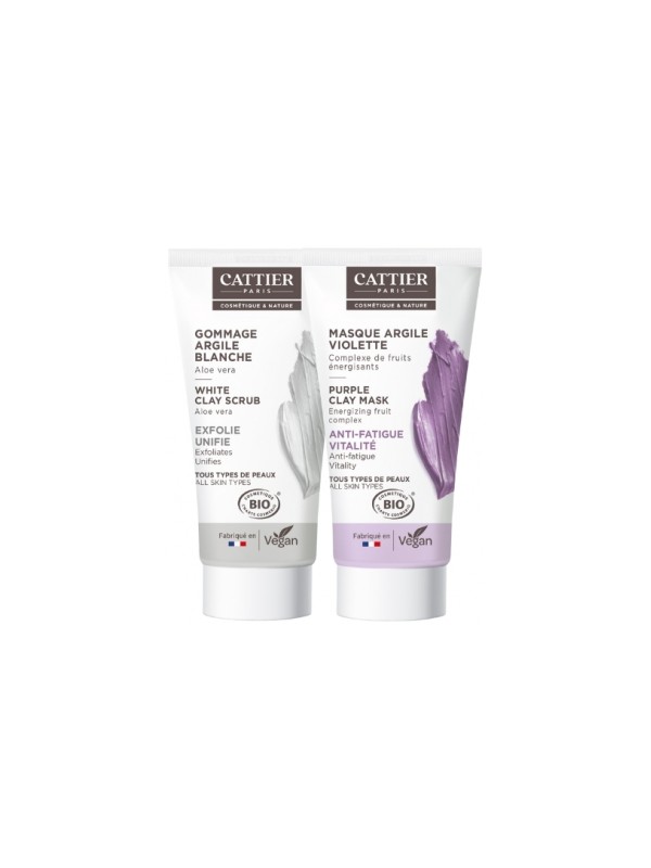 Lot Anti fatigue gommage et masque argile violette tous types de peaux Cattier Herboristerie de Paris