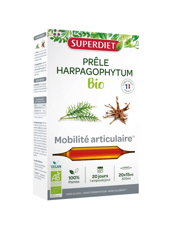 Prêle Harpagophytum Bio 20 ampoules de 15ml Super Diet Herboristerie de Paris articulations